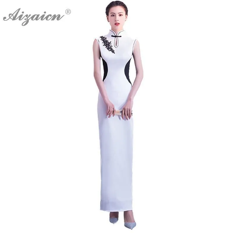 Белый элегантный длинный Cheongsam современный Chinoise Femme тонкий Qi Pao женское китайское традиционное платье Qipao аналогичное шелковое винтажное платье