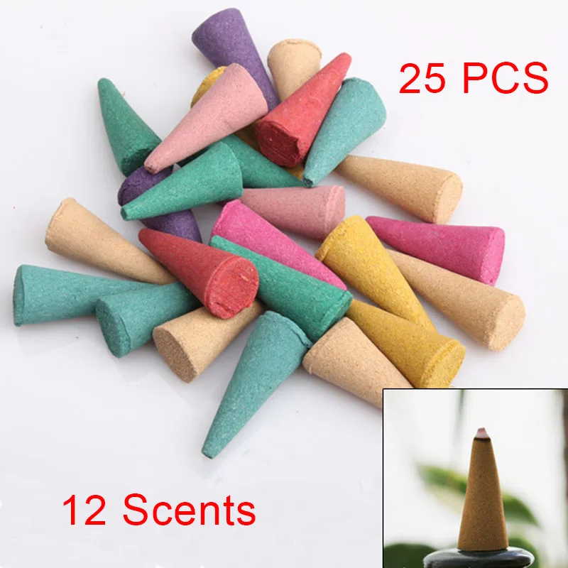 

Hot Sale 25 Mix Stowage Colorful Fragrance Triple Scent Incense Cones Potpourri PTCT