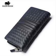 BISON DENIM Men Clutch Bags Zipper Square Diagonal Stripes Cowskin Genuine Leather Guarantee Wallet Cards For Business man N8006