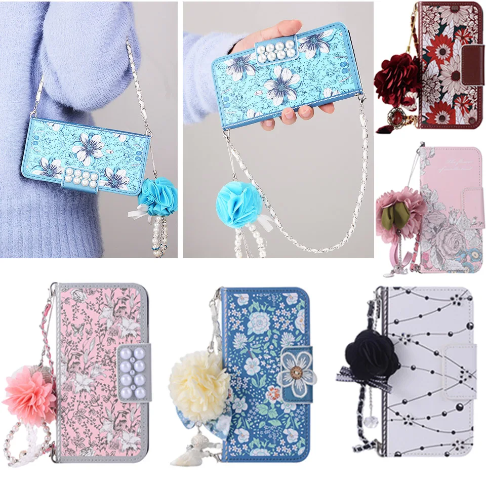 

Luxury Rose Flower Leather Handbag Wallet Flip Phone Case Cover for iPhone 6 6s 7 8 Plus X XR XS Max Pearl Flower Chain Bag