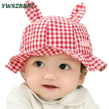 

New Plaid Print Cotton Traveling Sun Hat Baby Summer Hat Kids Girls Rabbit Ears Cap Sun Bucket Hats Boys Caps gorro
