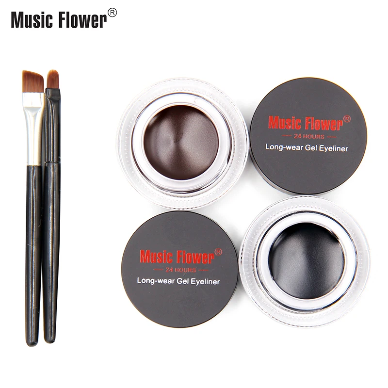 

Music Flower 2pcs/set Waterproof Long-wear Gel Eyeliner Cosmetics Eye Makeup 2 in 1 Brown + Black Eyeliner Kit With Brushes