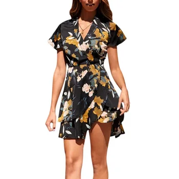 

Summer Dress Women Sexy Deep V-Neck Flower Print Dresses Hem Folds Bohemian Style Belt Mini Ruffle Beach Dress
