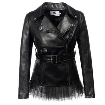 

Lace faux leather PU Jacket Women fashion rose Winter AutumnMotorcycle Jacket Black faux leather Coat Outerwear Gothic