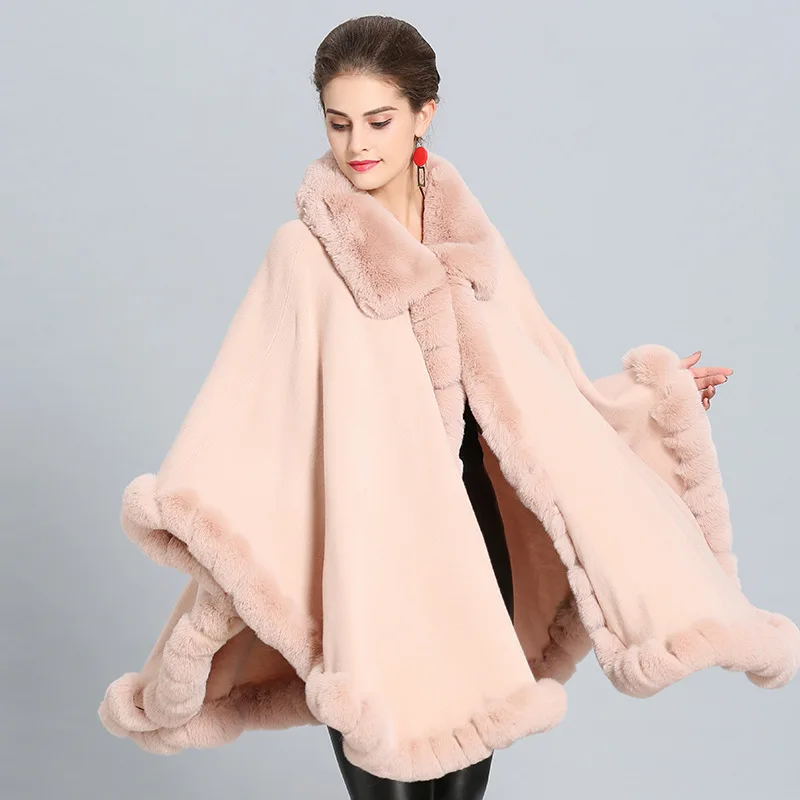 

Fashion Luxury Handwork Rex Rabbit Fur Coat Cape Big Long Cashmere Shawl Full Trim Faux Fur Cloak Lapel Overcoat Women Winter