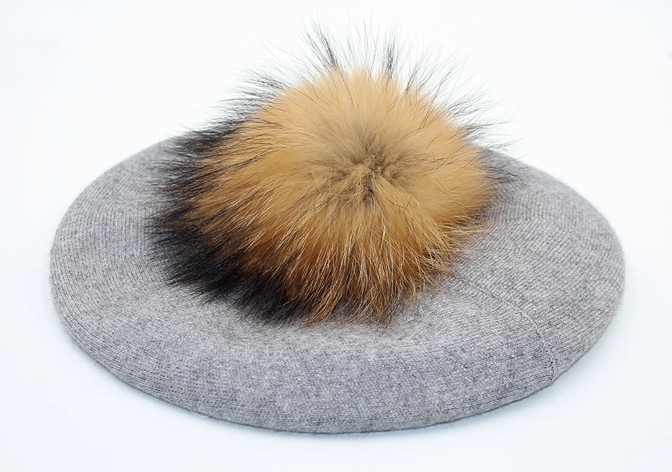 Women Beret Wool Hat Winter Knitted Wool Berets Real Fur Pompom Hats Beanies Female Top Quality Beret Cap (7)