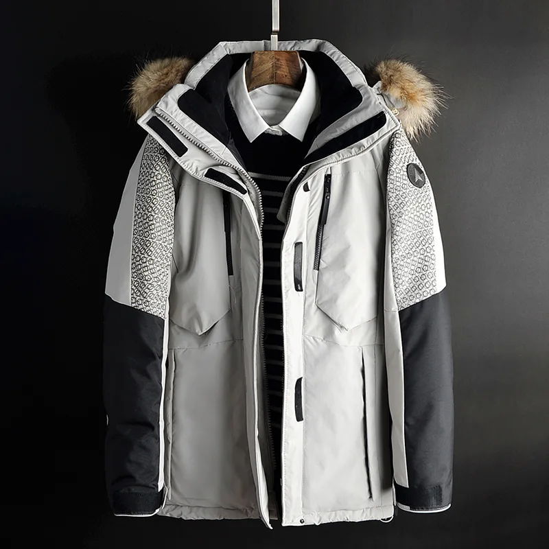 Зимний мужской белый пуховик модное повседневное толстое теплое длинное пальто с капюшоном куртка с меховым воротником пуховое пальто