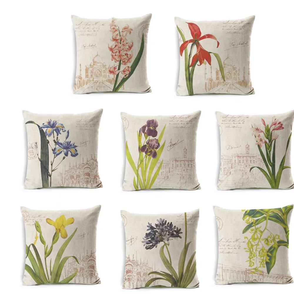 Indian Vintage Floral Cushion Cover Flower Throw Pillows Case Polyester Cotton Linen Pillowcase