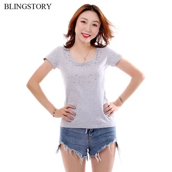 

BLINGSTORY New Summer Flower O-neck Big Size Women Casual Tshirt Female Top Tee Diamond Rhinestone Oversized T Shirt LP5219025