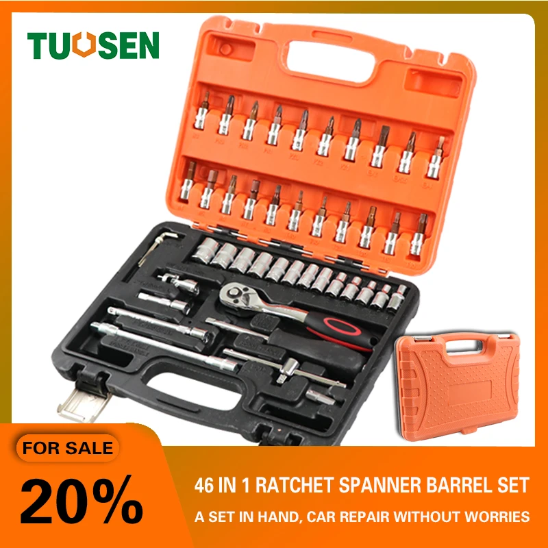 

TUOSEN 46PCS in 1 mechanic hand ratchet tool sets auto socket wrench tools set mini repair professional gereedschap kit for car