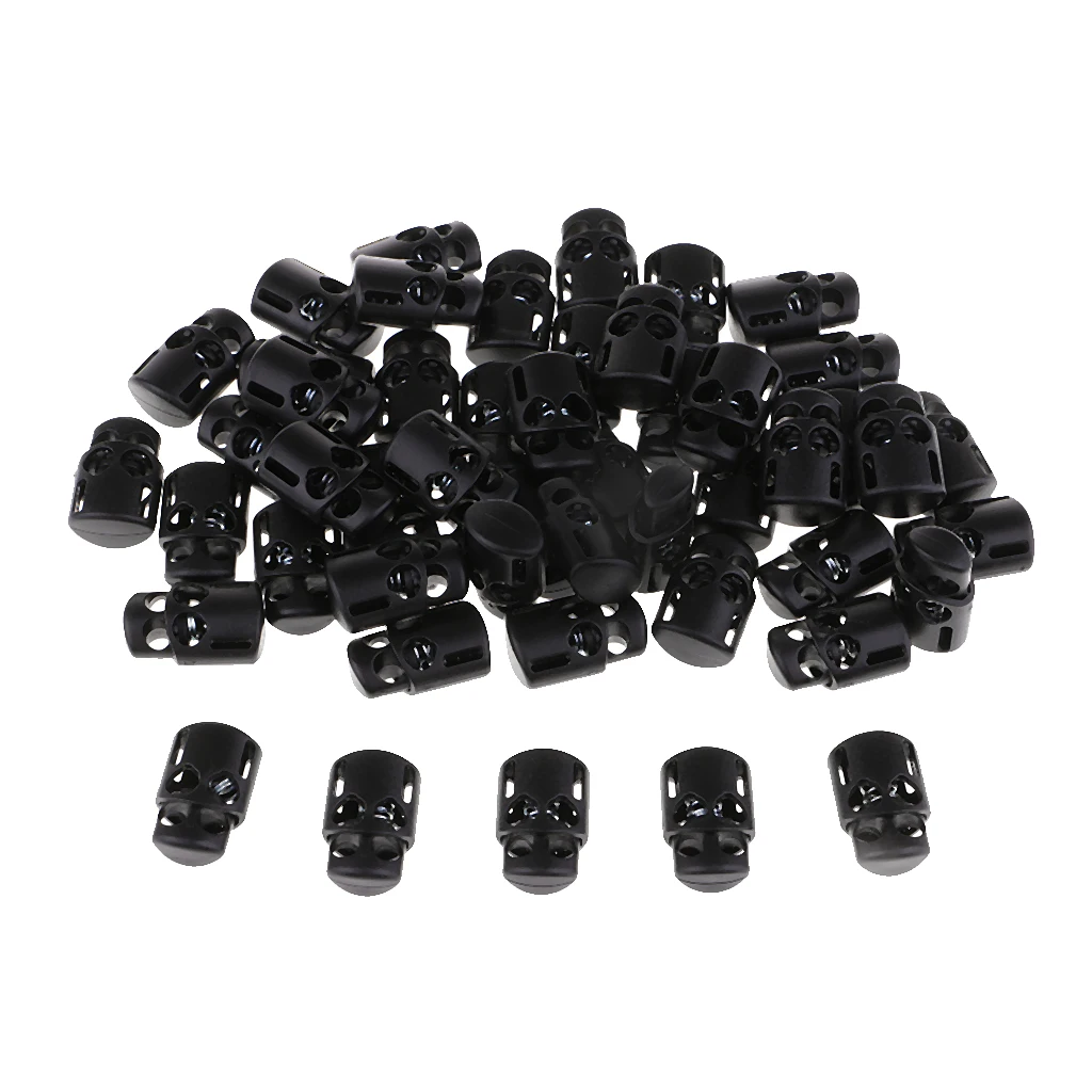 

50Pcs Toggle Clip Spring Clasp Stopper Black 2 Hole Cord Locks Fastener Shoelace Backpack Bag Sportwear Tent Part Accessory 19mm