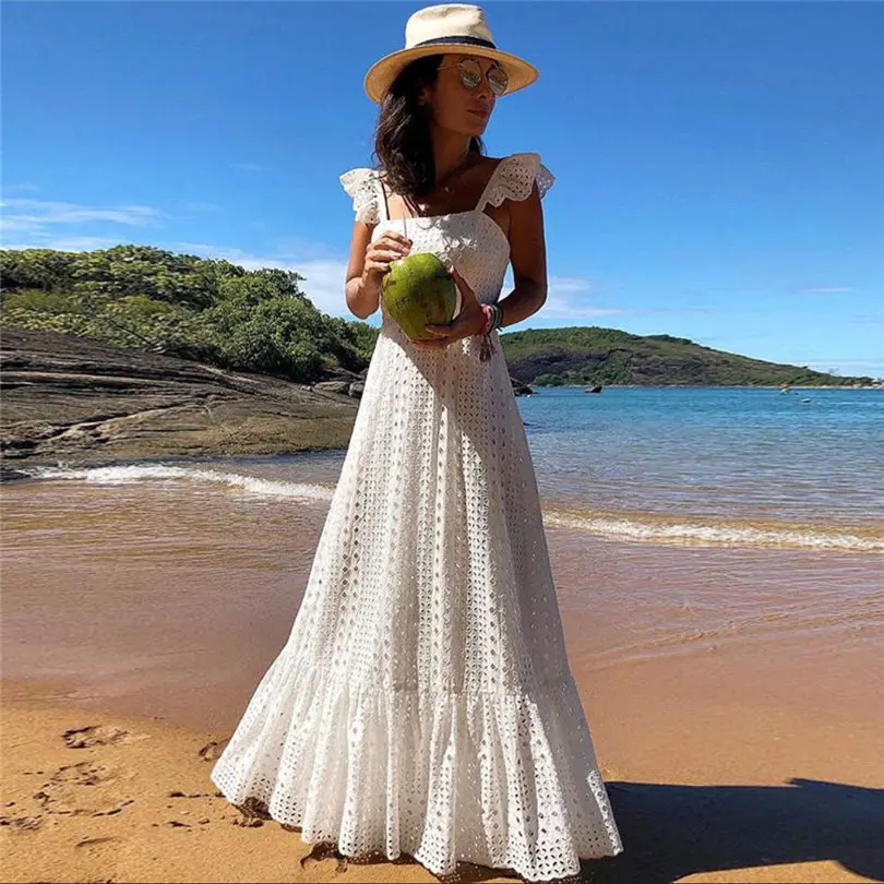 New Women Summer Boho Strappy Sexy Solid Long Maxi Dress Bohemian  Beach Holiday Dresses Long Lady Elegant Casual Dress #4A30 (5)