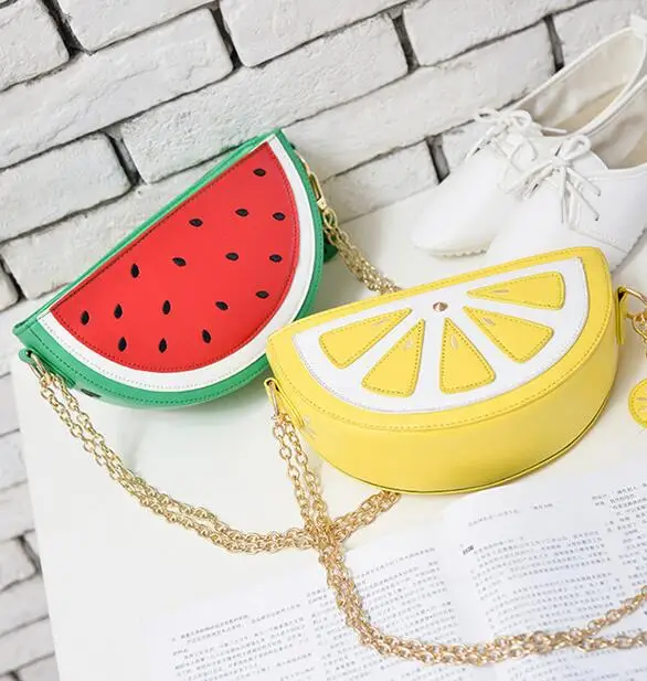 

Sweet girl summer new female bag quality pu leather women bag cute fruit packet chain shoulder messenger bag orange watermelon