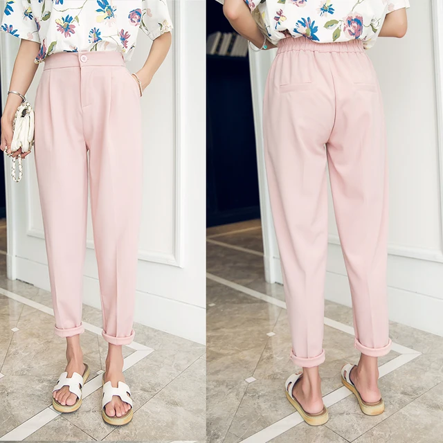 Hot Sales 2020 Summer Korean Female Classic High Elastic Waist Harem Pants Women Fashion Slim Solid Color Ankle-length Pants 5