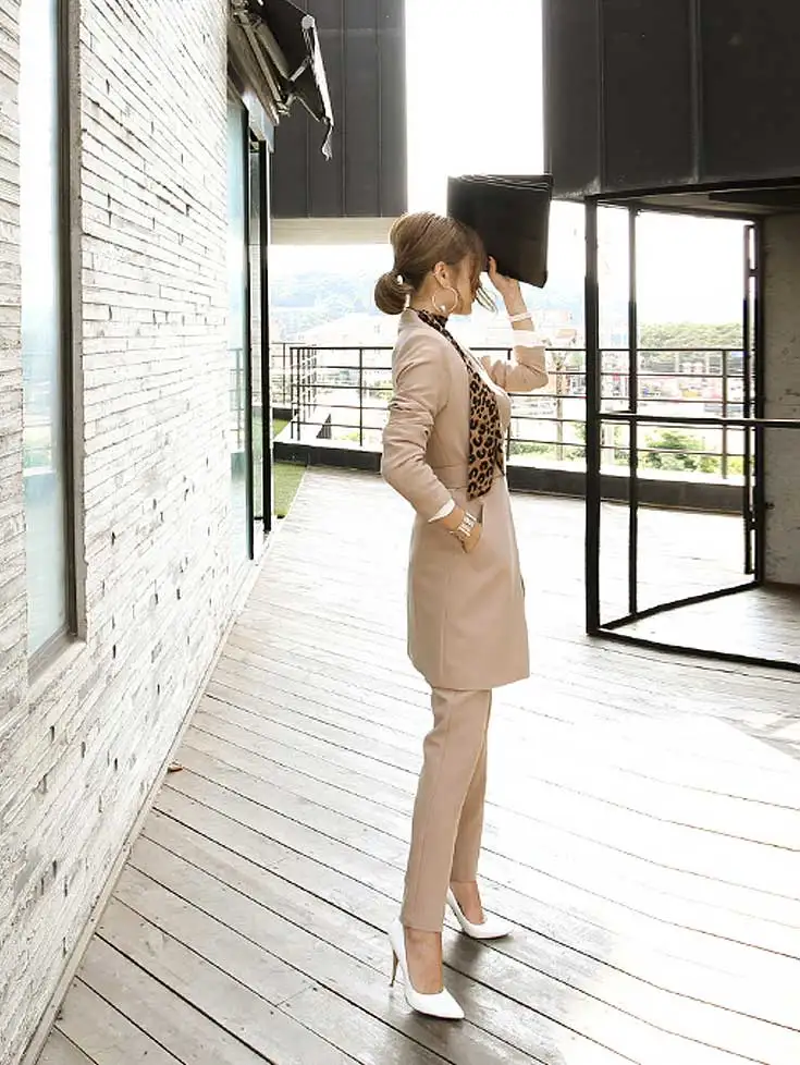 2019 осенние женские тонкие брюки, костюмный пояс, Длинный блейзер на одной пуговице + Леопардовый шарф, Женский офисный комплект из двух