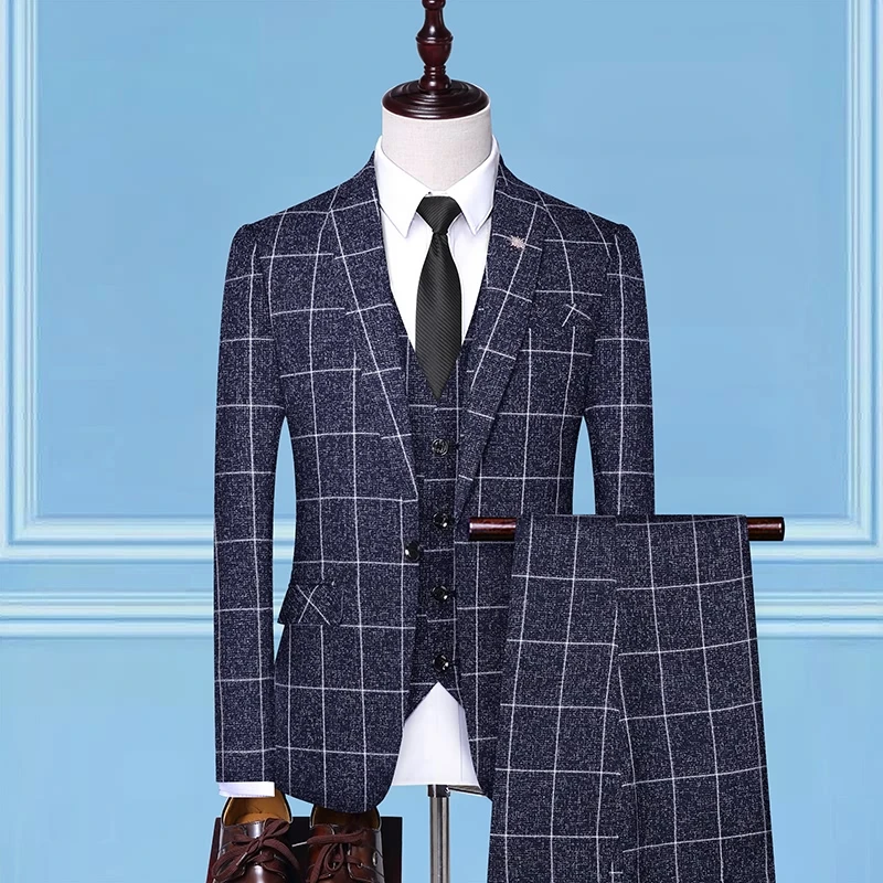 Блейзер+ брюки+ жилет, комплект из 3 предметов, г., мужские Модные деловые костюмы со штанами костюм в клетку, куртка, пальто, брюки, жилет - Цвет: Navy blue