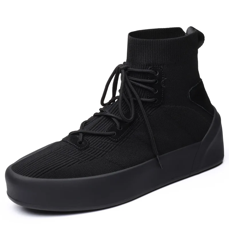 Высокие кроссовки; мужская Трикотажная дышащая обувь; модные эластичные черные/белые туфли; повседневная обувь; tenis masculino - Цвет: Черный