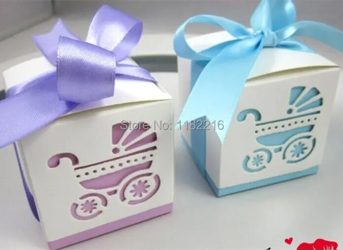 Акция! 50 шт. Baby Shower Детские коляски Hollow пользу Коробки конфет Свадебный объявление рождения коробка с лентой
