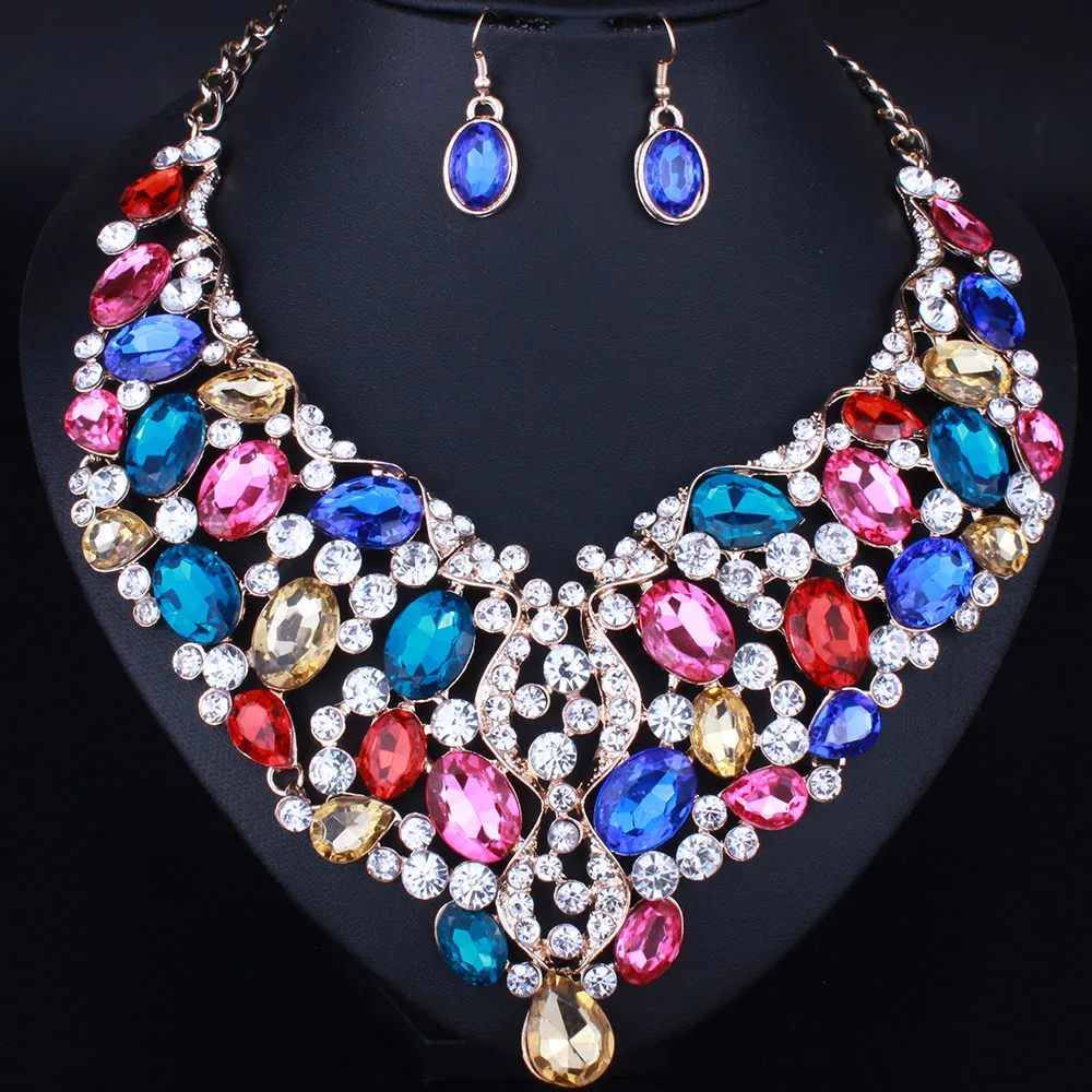 Luxury Color Resin Crystal Water Drop Necklace Earrings set African
