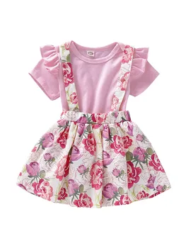 

China Supplier Toddler Kid Baby Girl Solid Top Shirt + Suspender Skirts 2 Pcs Outfit Clothes