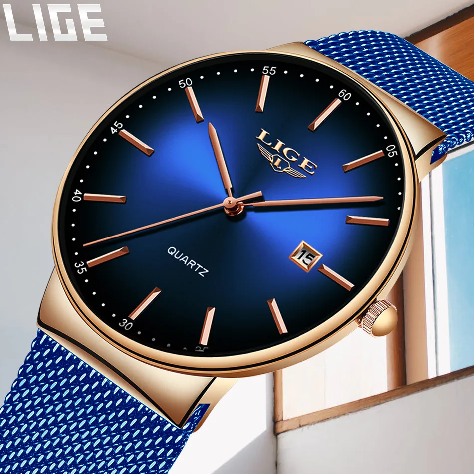 LIGE New Mens Watches Top Brand Luxury Fashion Mesh Belt Watch Men Waterproof Wrist Watch Analog Quartz Clock erkek kol saati