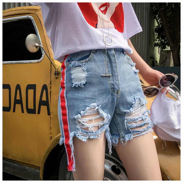 

Retro 2017 Hole Loose Denim Shorts Irregular Denim Shorts Female 3 Size