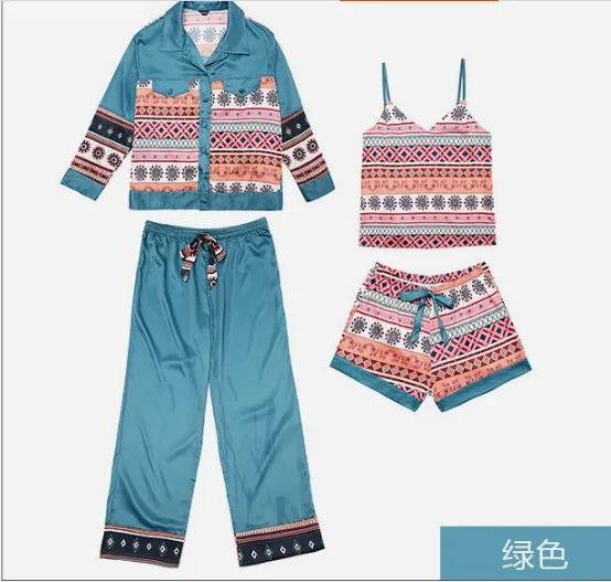 Новинка 2019 года; сезон весна-осень; женские шелковые пижамы с принтом в стиле ретро; комплект с длинными рукавами и штанами; домашняя одежда