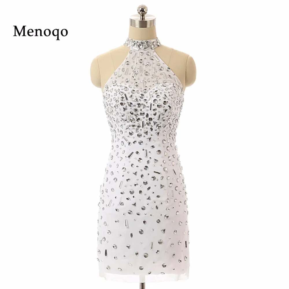 

2019 New Arrival Real Sample White High Neck Fully Crystal Short Cocktail Dresses Mini Graduation Dresses Prom Party Drsses