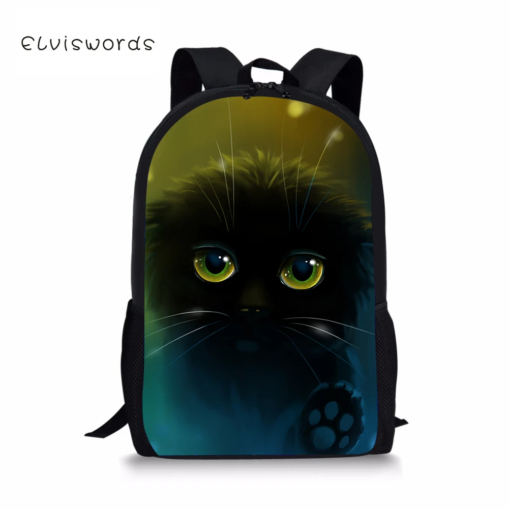 

ELVISWORDS School Bookbags for Teenagers Children Bags Unique Fashion Cute Cat Printing Unisex Mochila Feminina