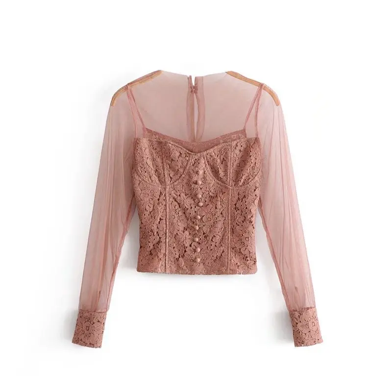 

women spring solid color tulle patchwork lace floral buttons blouse long sleeve o neck transparent shirts female basic crop tops