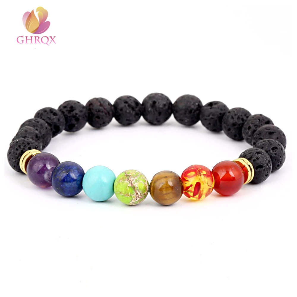 

8mm Seven Chakras Natural Stone Beads Bracelets Yoga Bracelets energy lava stone chakra colorful beads bracelet