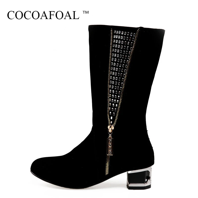 

COCOAFOAL Women's Black Flock Mid Calf Boots Autumn Winter Plus Size 41 43 High Heeled Shoes Sexy Metal Decoration Martin Boots