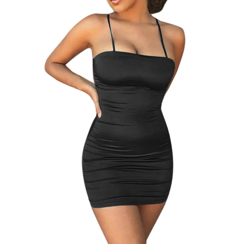 2019 Hot Sale Women s Ladies Solid Sleeveless Halter Casual Mini Dress Summer Dress high quality W408