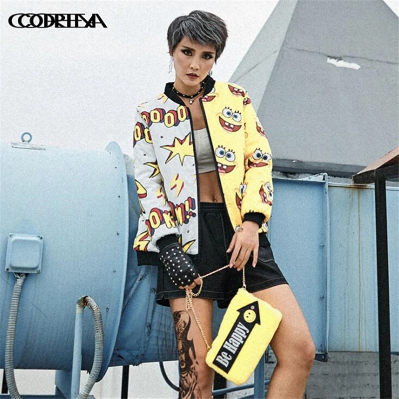 

Cartoon Print Women Basic Coats Zipper Bomber Jacket Casual Autumn Winter Women Thick Streetwear Harajuku style Hit color Coat