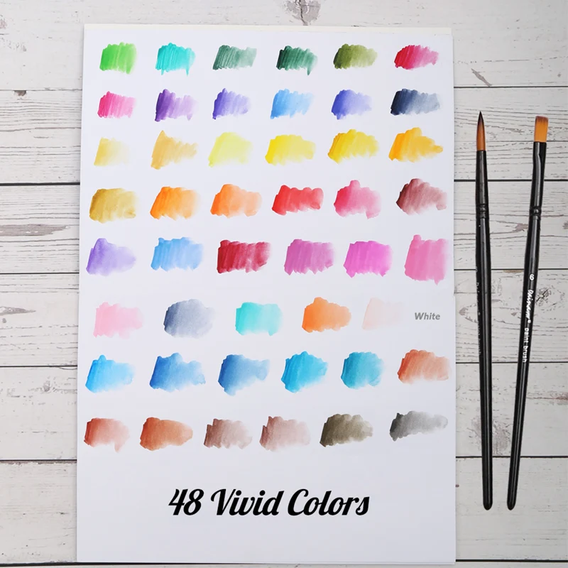 DAINAYW Portable 48Colors Pigment Solid Watercolor Paints Set Tin box Paint Set with 48Colors Half Pan 2 Brush Pen Water paper