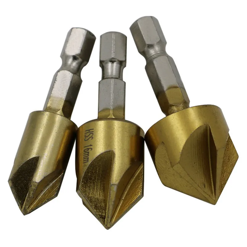 Shina 6PCS Set 90 Degree Hexagonal Shank Five Blade 6mm-19mm Chamfer Chamfering Tool Boring Machine Woodworking Countersink Bit