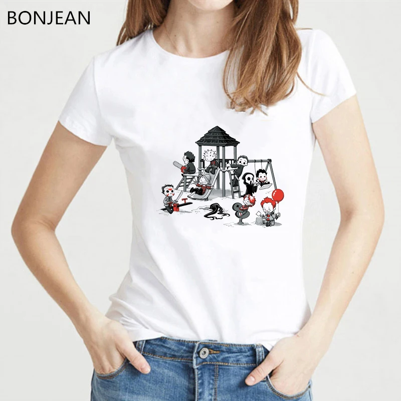 

Funny horror t shirts women cute clown print tee shirt femme top female t-shirt harajuku kawaii clothes Summer Halloween shirt