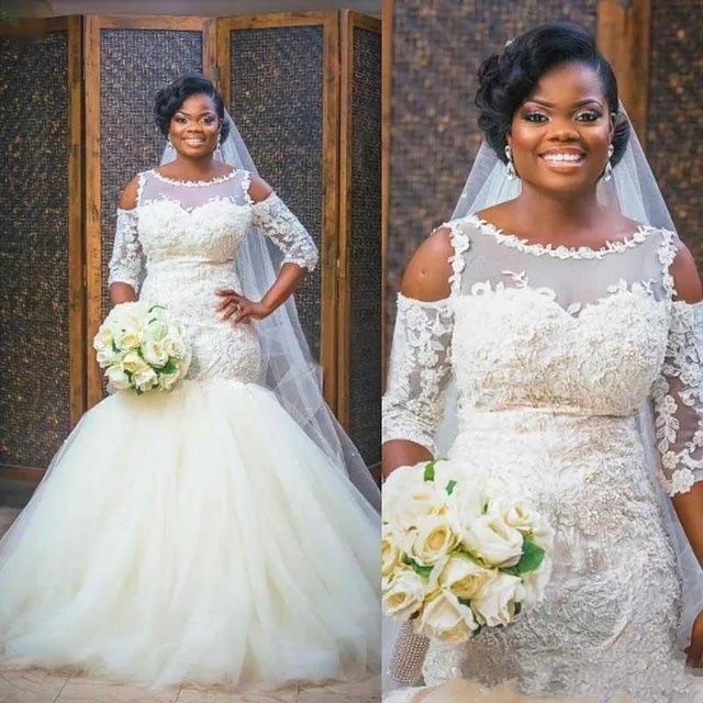 2017 Plus Size Mermaid African Wedding Dresses 3 4 Sleeves Cut Out 2017 Plus Size Mermaid African Wedding Dresses 3 4 Sleeves Cut Out White Lace Liques