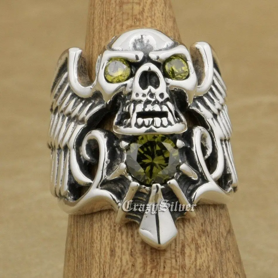 

925 Sterling Silver Devil Wing Skull CZ Eyes Mens Biker Rocker Punk Ring 9M113 US Size 8~13