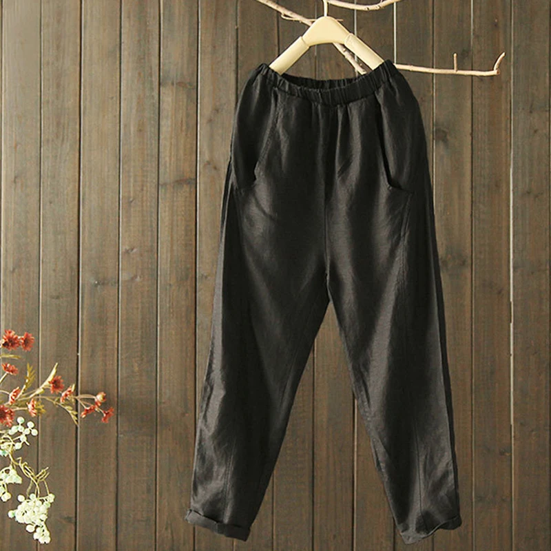 

Lady Casual Baggy Pockets Harem Pants Womens Beige Black Cotton Linen Elastic Waist Pants Summer Holiday Street Trousers M-2XL