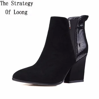

2019 New Winter Kid Suede Pointed Toe Square Heel High Heels Boot Plush Patchwork Slip-On Basic Women Ankle Boot ZY170904