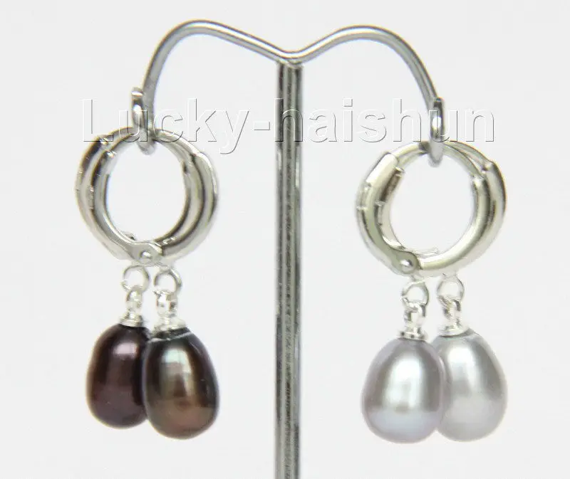 

Hot selling free shipping********Genuine 2piece 8X10mm Dangle black gray pearls Earrings j9614