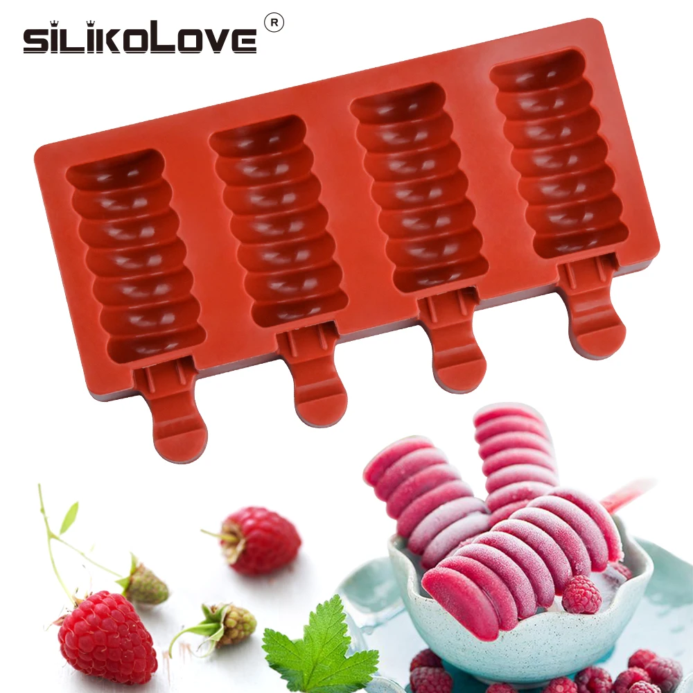 

SILIKOLOVE Ice Cream Mold 4 Cavities DIY Kithchen Homemade Ice lolly Moulds With Popsicle Sticks BPA Free Easy to clean