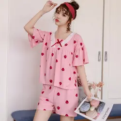 Летние пижамы для женщин, милый розовый пижамный комплект с цветочным принтом для девочек, пижамный комплект, свободная Пижама с короткими