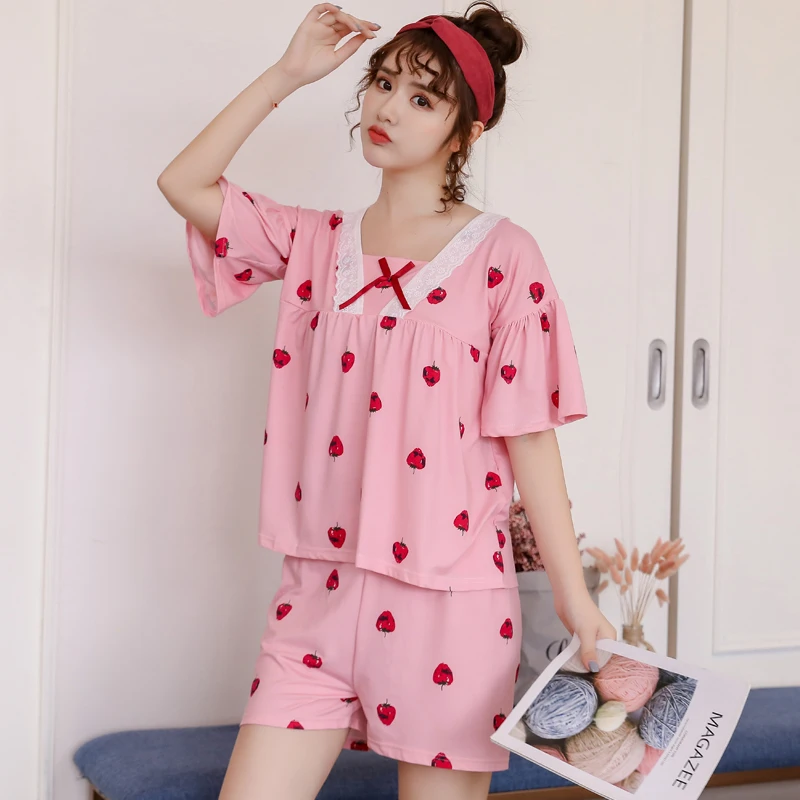 

Summer pajamas for Women Flower Cute pink Pajama Set Girl Print Pyjama Set Loose Short Sleeve Sleepwear Womens Nightshirt Sets