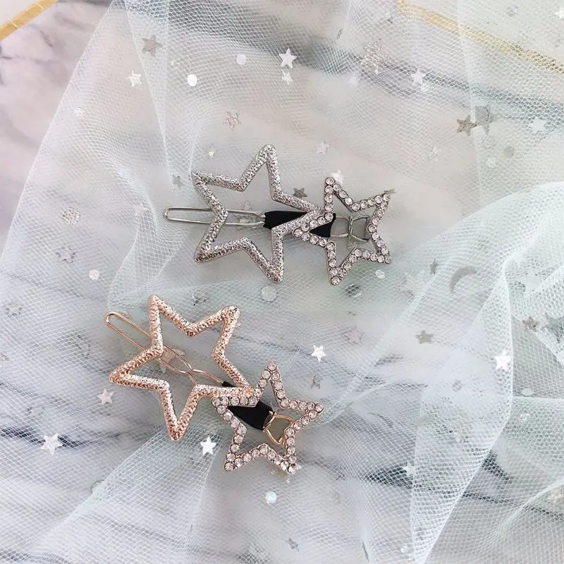 Creative Women Metal Alloy Hair Clips Hollow Out Five-Pointed Stars Sweet Girls Hairgrips Glitter Rhinestone Electroplating Text Creative Women Metal Alloy Hair Clips Hollow Out Five-Pointed Stars Sweet Girls Hairgrips Glitter Rhinestone Electroplating Text