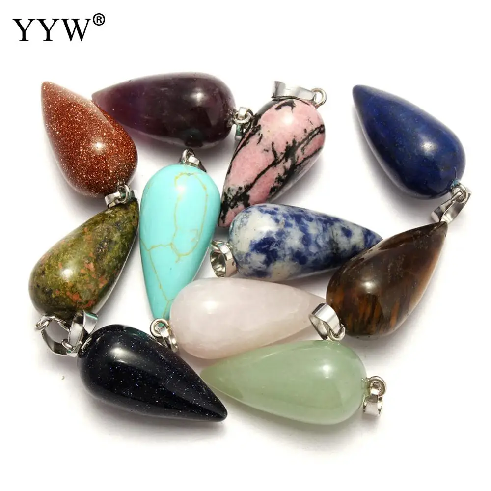 

YYW New Punk Rock Male Women Natural Gems Stone Pendants Jewelry Tiger Eye Sea Opal Clear Quartz Teardrop Bullet Stone Pendants