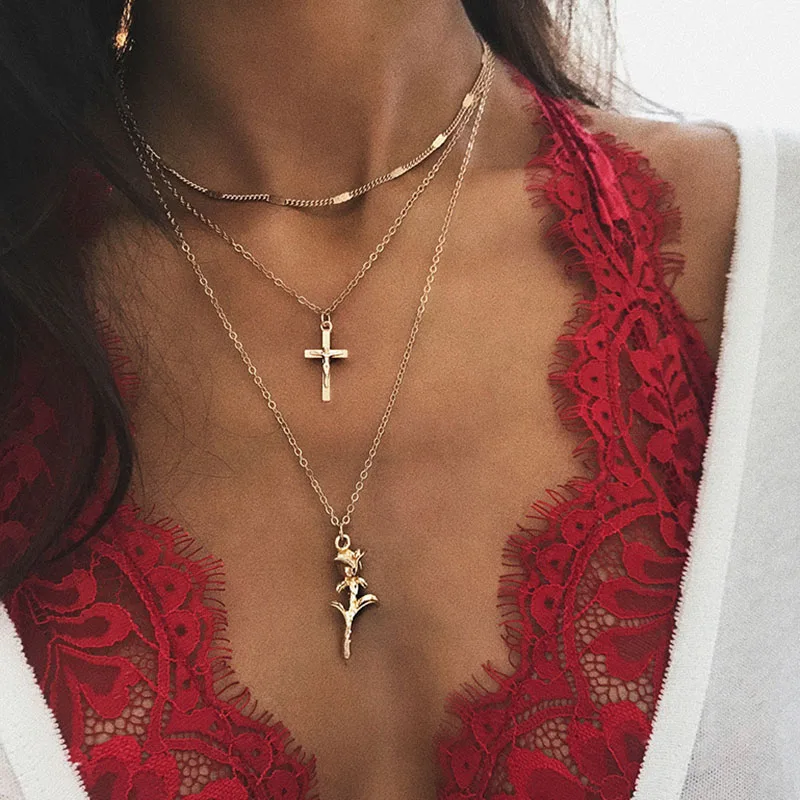Bohemian Gold Color Cross Rose Star Pendant Necklace for Women Multi-layer Chain Choker Popular New jewelry Gift | Украшения и