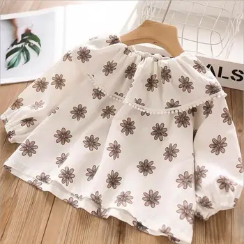 

girl cotton tops 2019 autumn print flowers t-shirts girls fashion sweet kids lace Long sleeve t-shirts wholesale Girls clothes