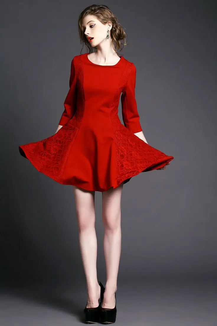 Spring Summer 2015 new stitching lace Women's clothing Round Collar Slim fashion Zipper Three Quarter ladies Large Hem dress XL | Женская